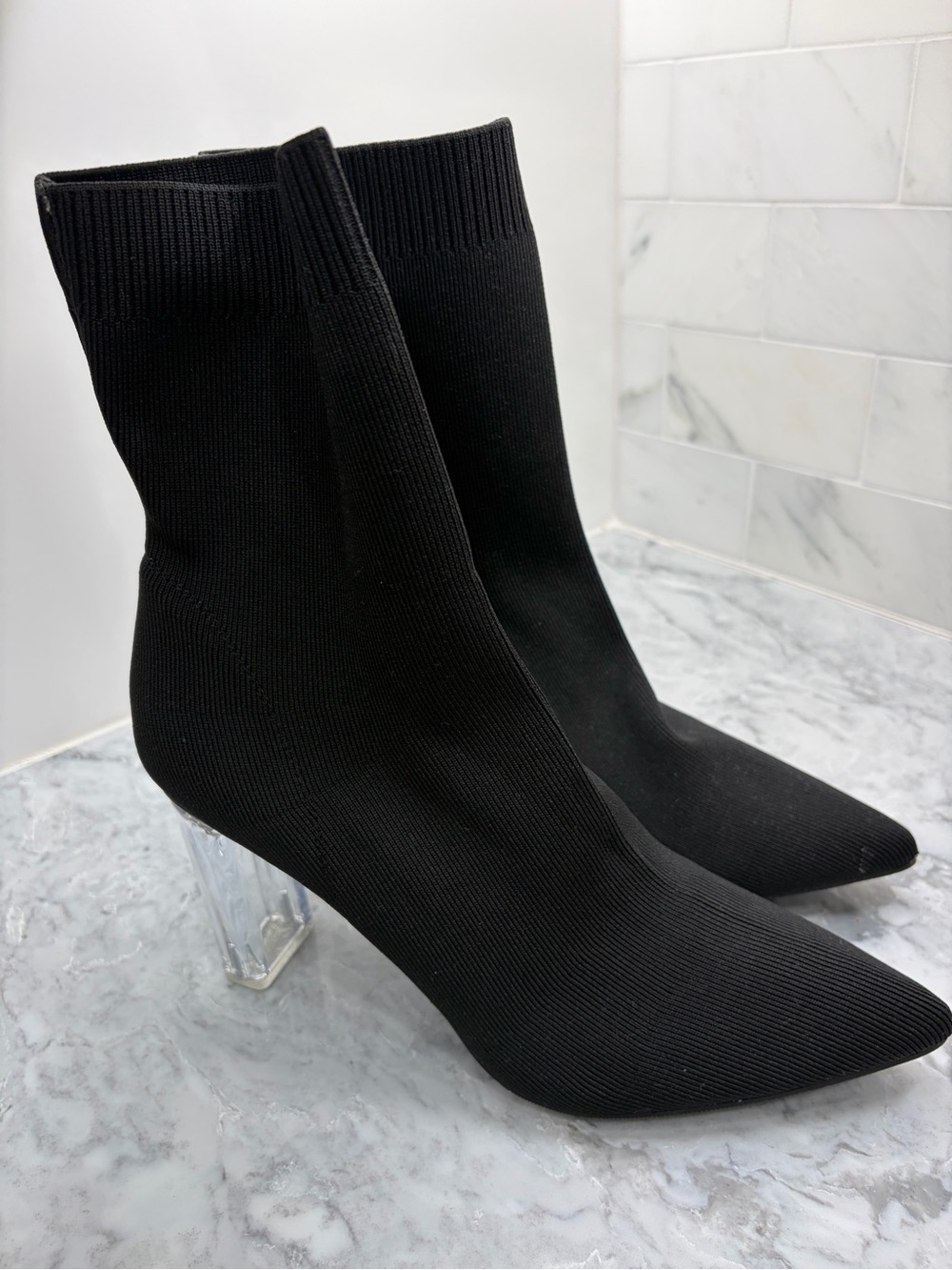 Women’s Black Knit Sock Boot with Clear Block Heel - Brand new